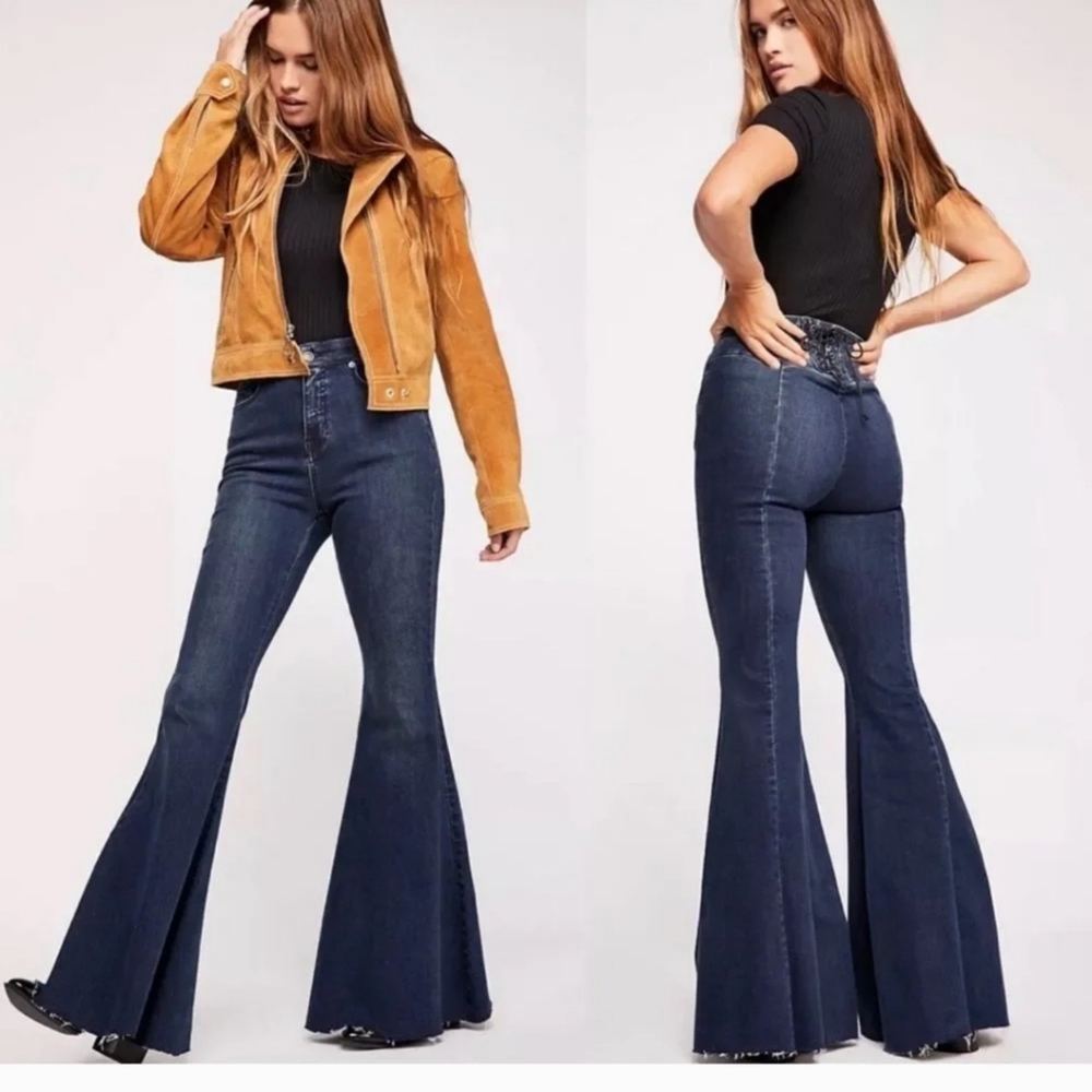 Free People We The Free Curvy Lace Back High Rise Flare Jean With Raw Hem